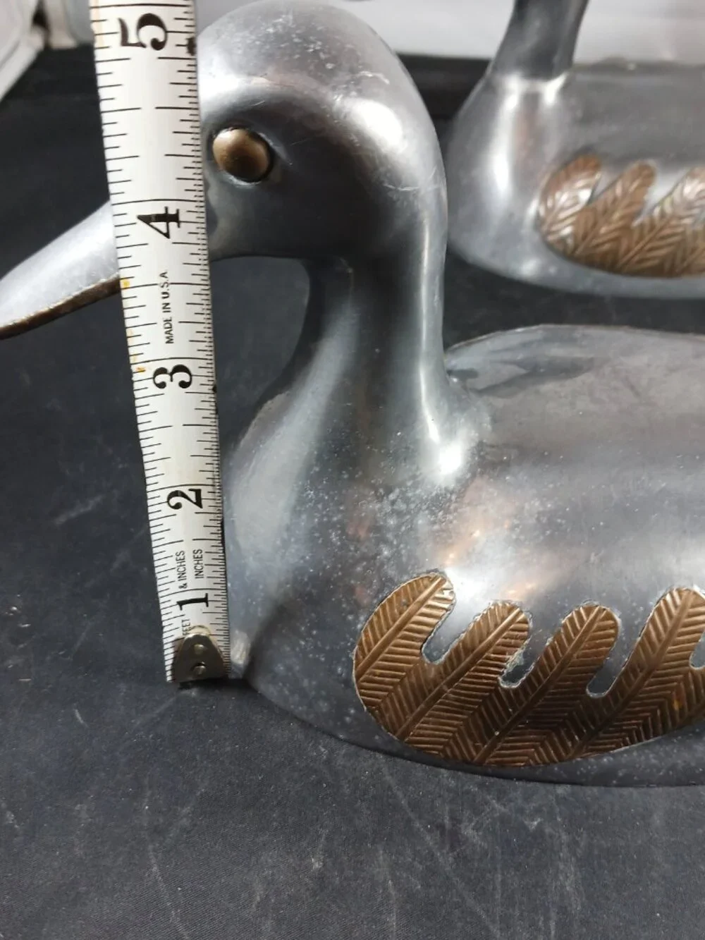 2 Vintage Duck Shape Pewter with Brass Inlay